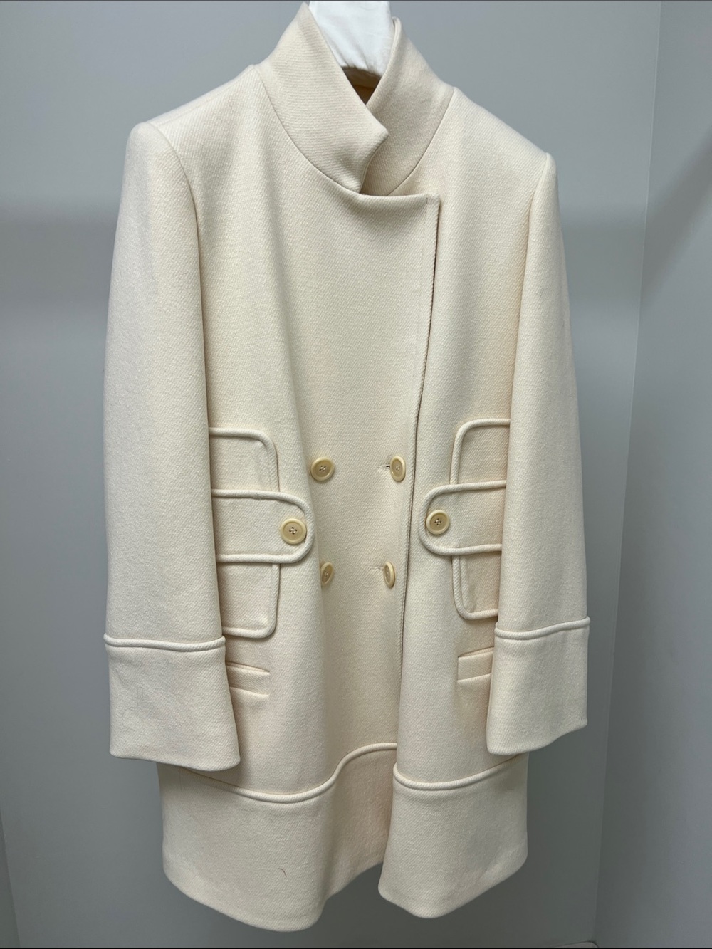 Women's Cream Double-Breasted Pea Coat with Stand Collar